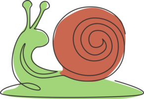 Single continuous line drawing of exotic snail with spiral shell mascot concept for organic food logo identity. High nutritious escargot healthy food. One line vector graphic draw design illustration png