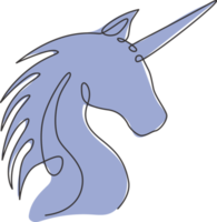 Single continuous line drawing of beautiful unicorn head for corporate logo identity. Kids cute fantasy imagination creature concept for textile fashion print. Trendy one line draw design illustration png