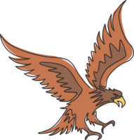 un dibujo de línea continua de un águila fuerte para la identidad del logotipo del servicio de entrega. concepto de mascota de halcón para icono de parque conservador de aves. Ilustración de diseño gráfico de vector de dibujo de una sola línea moderna png