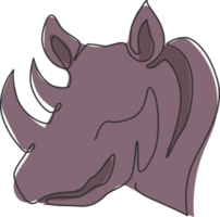 One single line drawing of strong rhinoceros head for conservation national park logo identity. African rhino animal mascot concept for national zoo safari. Continuous line draw design illustration png