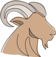 un dibujo de una sola línea de la cabeza de cabra linda divertida para la identidad del logotipo de la cría de ganado. concepto de emblema de la mascota de cordero para el icono de la cría de animales. Gráfico de ilustración de vector de diseño de dibujo de línea continua dinámica png