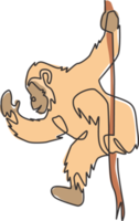 un dessin au trait continu d'un chimpanzé mignon accroché à une branche d'arbre pour l'identité du logo de la jungle de conservation. concept de mascotte adorable pour l'icône du parc national. illustration vectorielle de dessin à une seule ligne png