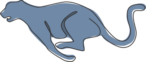 um único desenho de linha de salto correndo chita para identidade do logotipo do clube de caça. conceito de mascote de leopardo forte para o ícone do parque de conservação. ilustração em vetor gráfico design moderno linha contínua png