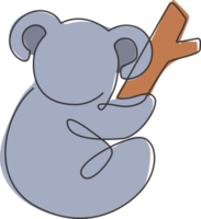 un disegno a tratteggio continuo di adorabili koala sull'albero per l'identità del logo dello zoo nazionale. piccolo orso dall'australia mascotte concetto per l'icona del parco di conservazione. illustrazione vettoriale di disegno a linea singola png