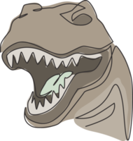 Single continuous line drawing of tyrannosaurus rex head for logo identity. Prehistoric animal mascot concept for dinosaurs theme amusement park icon. One line draw graphic design vector illustration png