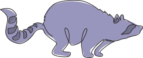 un seul dessin d'un joli raton laveur drôle pour l'identité du logo. concept mignon de mascotte animale de raton laveur pour l'icône de club d'amant d'animal familier. ligne continue moderne dessiner illustration vectorielle graphique png