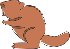 One continuous line drawing of cute standing beaver for logo identity. Funny adorable mammal animal mascot concept for national park icon. Modern single line draw design vector graphic illustration png