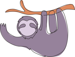 en enda linjeteckning av härliga bedårande sengångare som hänger och viftar med handen vid grenträdet för logotypidentitet. söt däggdjur maskot koncept för zoo ikon. kontinuerlig linje rita design vektorillustration png