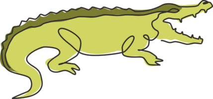 One continuous line drawing of wild crocodile with mouth opened for logo identity. Scary animal alligator concept for national park icon. Trendy single line draw design graphic vector illustration png