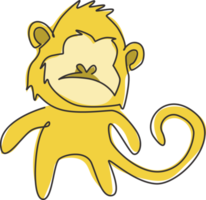 Single continuous line drawing of cute walking monkey for national zoo logo identity. Adorable primate animal mascot concept for circus show icon. One line draw design graphic vector illustration png