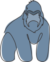 One continuous line drawing of gorilla for national park logo identity. Ape primate animal portrait mascot concept for conservation forest icon. Single line draw graphic design vector illustration png