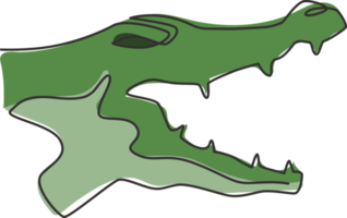 One continuous line drawing of angry head wild crocodile for company logo identity. Scary animal alligator concept for national park icon. Modern single line draw design graphic vector illustration png
