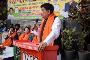 New Delhi, India - MARCH 27 2023 - Piyush Goyal Cabinet Minister and core member of Bharatiya Janata Party BJP during a rally in support of BJP candidate ahead of MCD local body Elections 2022 photo