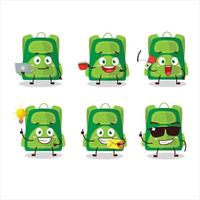 Green school bag cartoon character with various types of business emoticons vector