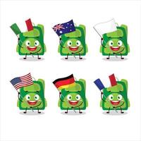 Green school bag cartoon character bring the flags of various countries vector