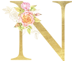 Gold Alphabet and Rose flower watercolor wedding letter png