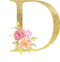 Gold Alphabet and Rose flower watercolor wedding letter png