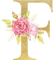 oro alfabeto e rosa fiore acquerello nozze lettera png