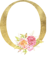 oro alfabeto e rosa fiore acquerello nozze lettera png