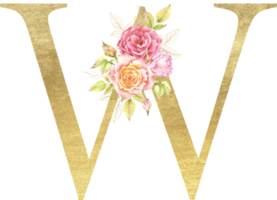 Gold Alphabet and Rose flower watercolor wedding letter png