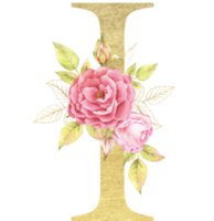 oro alfabeto e rosa fiore acquerello nozze lettera png