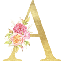 ouro alfabeto e rosa flor aguarela Casamento carta png