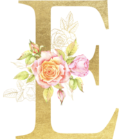 oro alfabeto e rosa fiore acquerello nozze lettera png