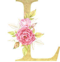 oro alfabeto y Rosa flor acuarela Boda letra png