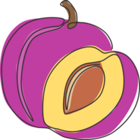 un dibujo de línea continua de ciruela orgánica saludable entera y en rodajas para la identidad del logotipo de huerto. concepto de fruitage fresco para el icono de jardín de frutas. Ilustración gráfica de vector de diseño de dibujo de una sola línea moderna png