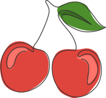 One continuous line drawing of whole healthy organic cherries for orchard logo identity. Fresh fruitage concept for fruit garden icon. Modern single line draw design graphic vector illustration png
