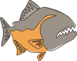 One continuous line drawing of dangerous piranha for logo identity. Monster fish mascot concept for dangerous river sign icon. Single line draw design vector graphic illustration png
