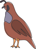 um único desenho de linha da identidade do logotipo da adorável codorniz do vale da Califórnia para aves. conceito do mascote do pássaro do banho de poeira para o ícone do zoológico nacional. ilustração em vetor desenho moderno linha contínua png
