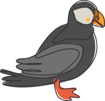 en kontinuerlig linjeteckning av söt lunnefågel för företagets logotypidentitet. pelagiska sjöfåglar maskot koncept för national conservation park ikon. moderna en rad rita design vektorgrafisk illustration png