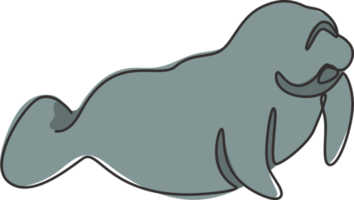 un dibujo de línea continua de un lindo manatí para la identidad del logotipo de la empresa acuática. concepto de mascota de vaca marina para el icono del parque nacional de conservación. Ilustración de vector gráfico de diseño de dibujo de una sola línea moderna png