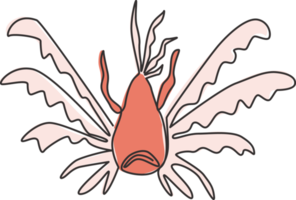 einzelne durchgehende Linienzeichnung von exotischen Feuerfischen für die Identität des Firmenlogos. Unterwasser-Monster-Maskottchen-Konzept für Wasserschutzsymbol. moderne eine linie zeichnen design-vektorillustration png