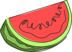 One continuous line drawing of sliced healthy organic watermelon for orchard logo identity. Fresh fruitage concept for fruit garden icon. Modern single line draw design graphic vector illustration png