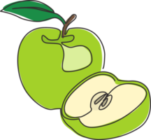 One continuous line drawing sliced and whole healthy apples organic for orchard logo. Fresh tropical fruitage concept for fruit garden icon. Modern single line draw graphic design vector illustration png