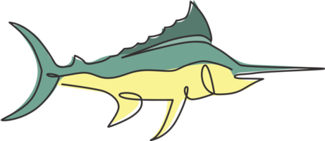 en kontinuerlig linjeritning av stor vild marlin för marin företagslogotyp. simning fisk maskot koncept för fiske konkurrens ikon. enkel rad rita design vektorillustration grafik png