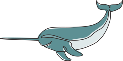 un disegno a tratteggio di un simpatico narvalo divertente per l'identità del logo della compagnia marina. grande mascotte narwhale concetto per icona creatura da favola. illustrazione vettoriale grafica di disegno di disegno di linea continua png