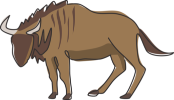 dibujo de una sola línea de un elegante ñu para la identidad del logotipo de la fundación. concepto de mascota gnu fuerte para el icono del zoológico nacional. Ilustración de vector gráfico de diseño de dibujo de línea continua moderna png