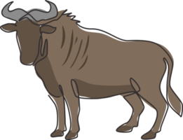 Single continuous line drawing of sturdy wildebeest for organisation logo identity. Big gnu mascot concept for national safari park icon. Modern one line draw design vector graphic illustration png