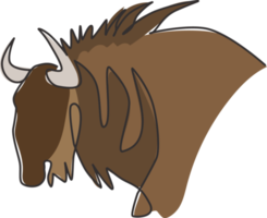 um desenho de linha contínua da cabeça de gnu robusto para a identidade do logotipo da empresa. conceito de mascote de mamífero grande gnu para o ícone do parque nacional de conservação. ilustração em vetor moderno desenho de linha única png