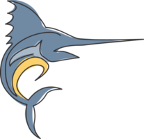 Single continuous line drawing of large marlin for marine company logo identity. Jumping swordfish mascot concept for fishing tournament icon. One line draw graphic design vector illustration png