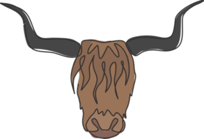 dessin d'une seule ligne de la tête de yak viril pour l'identité du logo de l'entreprise. concept de mascotte de mammifère de ferme de vache pour l'icône du zoo national. ligne continue moderne dessiner illustration graphique vectorielle de conception png