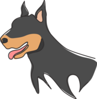 een doorlopende lijntekening van felle doberman-hond voor de identiteit van het logo van het beveiligingsbedrijf. rasechte hond mascotte concept voor stamboom vriendelijk huisdier icoon. moderne enkele lijn tekenen ontwerp vectorillustratie png