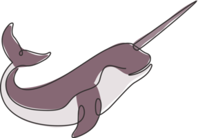 One continuous line drawing of cute narwhal with tusk for marine company logo identity. Unique narwhale mascot concept for fairy creature icon. Single line draw design vector graphic illustration png