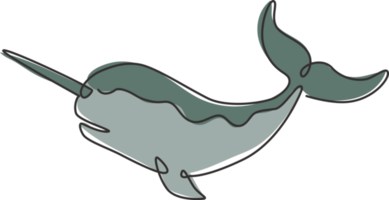 eine durchgehende Strichzeichnung eines süßen Narwals mit Stoßzahn für die Logoidentität des Marineunternehmens. Einzigartiges Narwal-Maskottchen-Konzept für das Symbol der Feenkreatur. Einzeiliges Zeichnen Design Grafik Vektor Illustration png