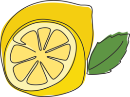 dibujo de línea continua única de limón orgánico sano entero y en rodajas para la identidad del logotipo de huerto. concepto de fruitage de ralladura fresca para el icono de jardín de frutas. Ilustración de vector de diseño de dibujo de una línea moderna png