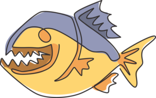 um único desenho de linha de piranha zangada para a identidade do logotipo. conceito de mascote de peixes do Rio Amazonas para o ícone de criatura do monstro. ilustração em vetor desenho gráfico em linha contínua png