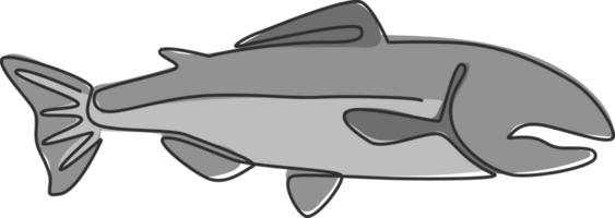 dibujo de línea continua única de salmón grande para la identidad del logotipo de la empresa de carne fresca. concepto de mascota de pescado de río para icono de lata de comida rápida. Ilustración de vector gráfico de diseño de dibujo de una línea png